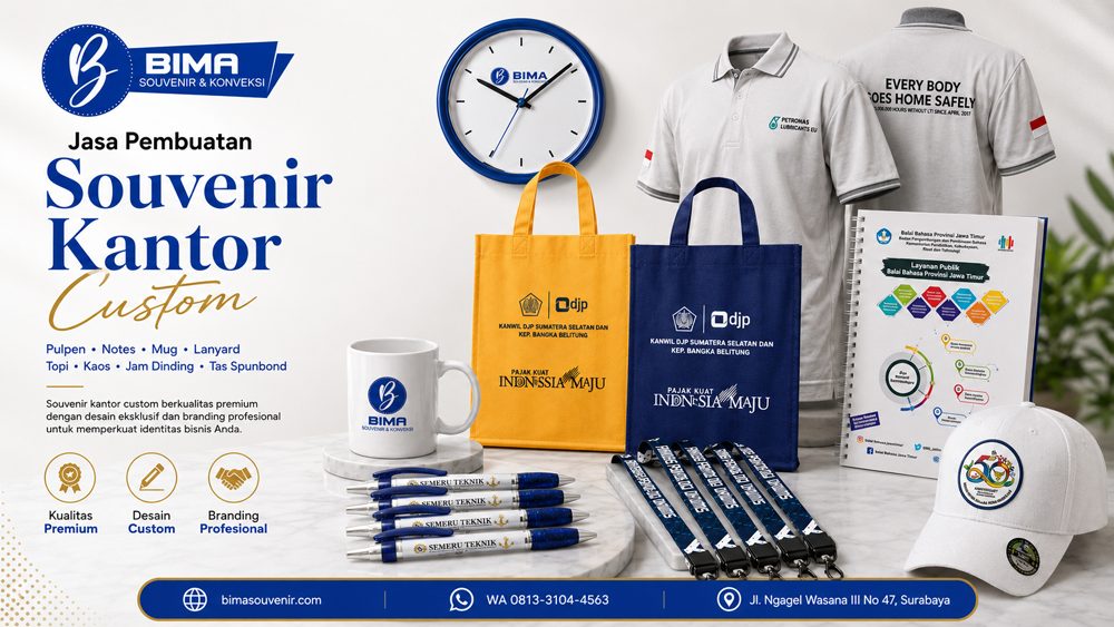 Jasa Pembuatan Souvenir Kantor Custom : Jam dinding, Kaos, Tas spunbond, Notes, Pulpen, Lanyard, Mug, Topi